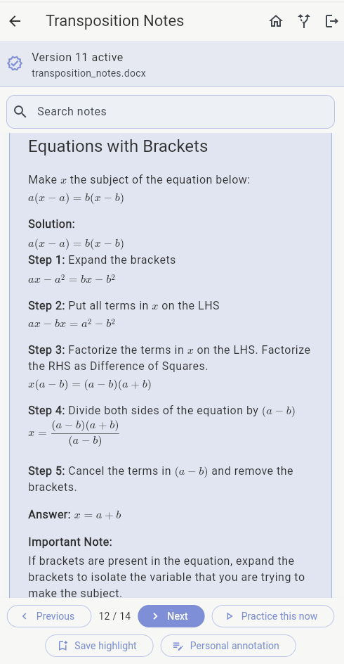 Algebreezy Transposition Note Card with worked mathematics steps
