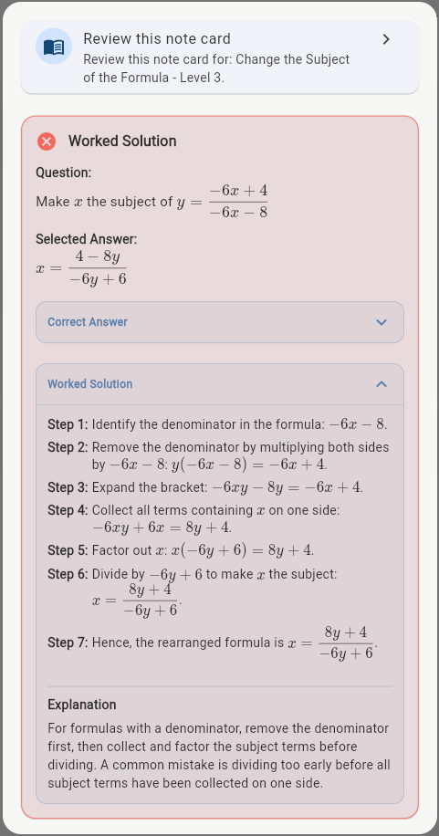 Algebreezy Transposition worked solution after an incorrect answer